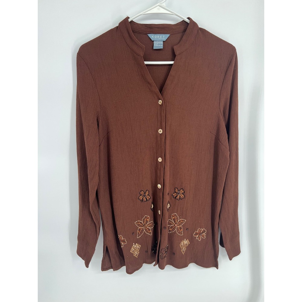 Koret Petite Brown Textured Button Front Blouse Floral Embroidered Beaded PL